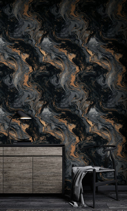 Black and Gold Look Abstract Marble Swirl Wallpaper