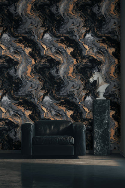 Black and Gold Look Abstract Marble Swirl Wallpaper