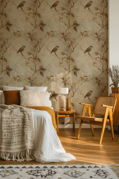 Warm Beige Sparrow Botanical Wallpaper