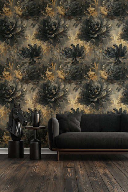 Deep Black and Gold Look Large Floral Wallpaper