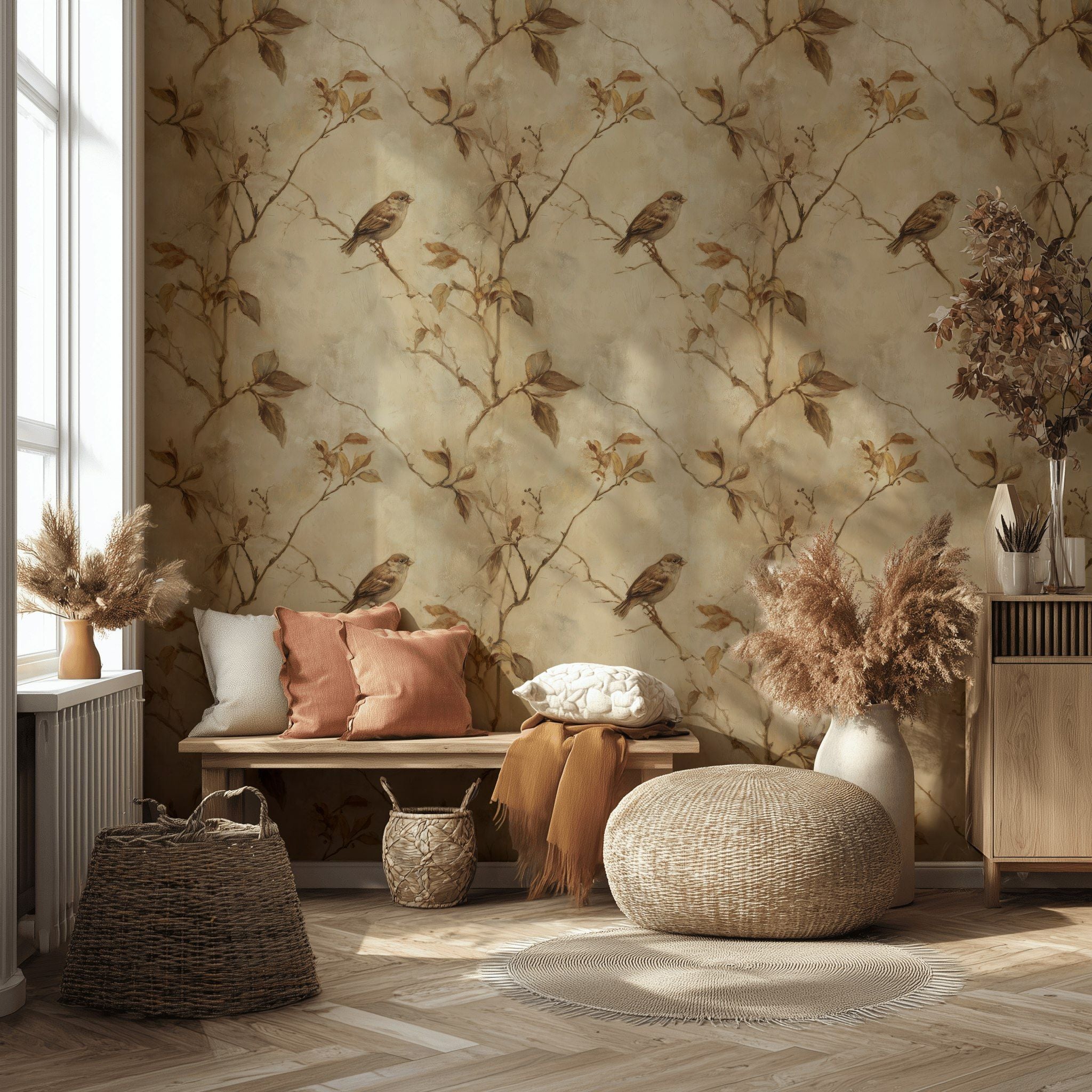 Warm Beige Sparrow Botanical Wallpaper
