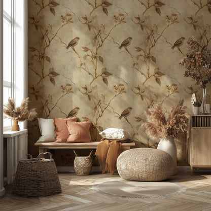 Warm Beige Sparrow Botanical Wallpaper