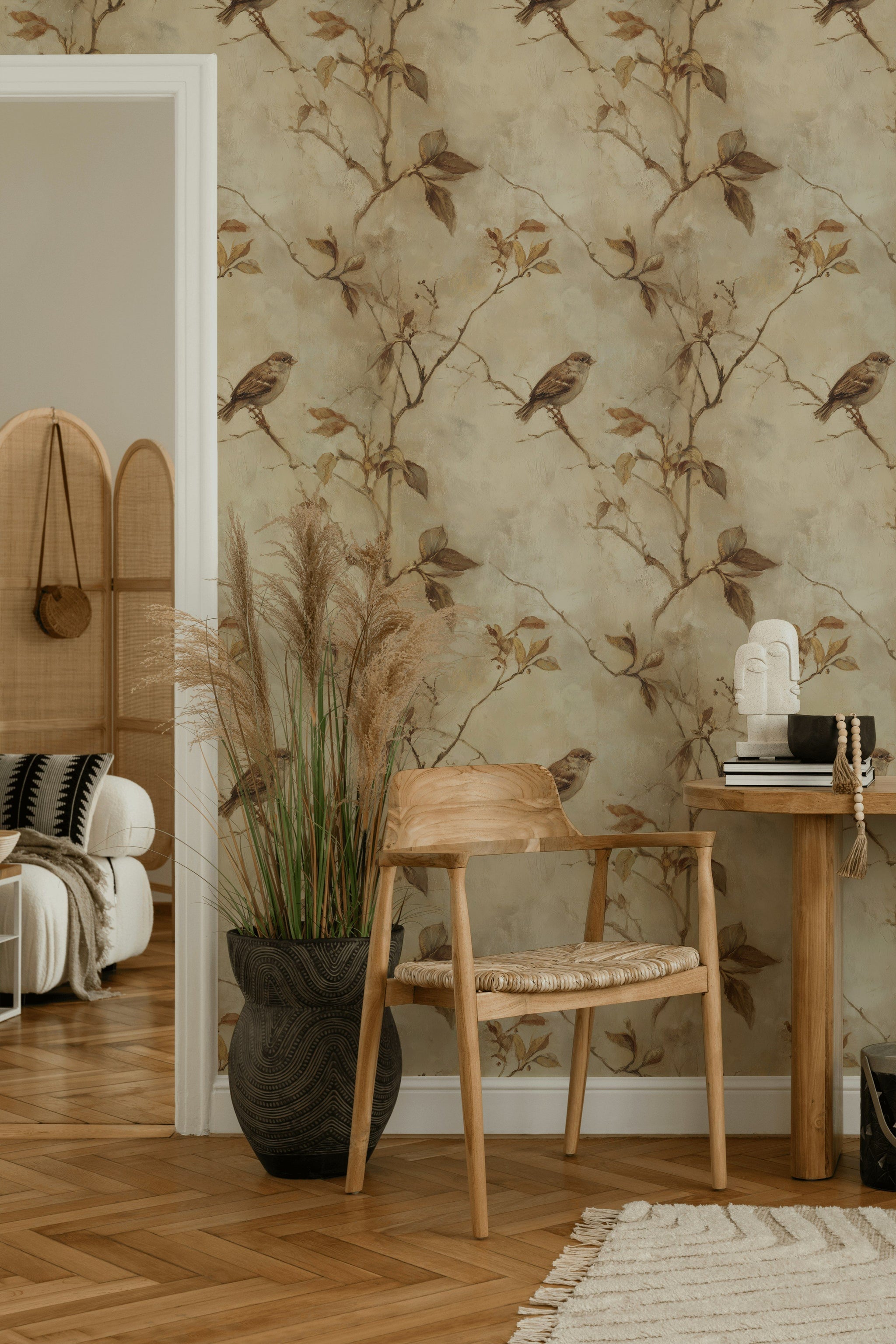 Warm Beige Sparrow Botanical Wallpaper