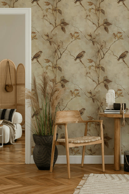 Warm Beige Sparrow Botanical Wallpaper