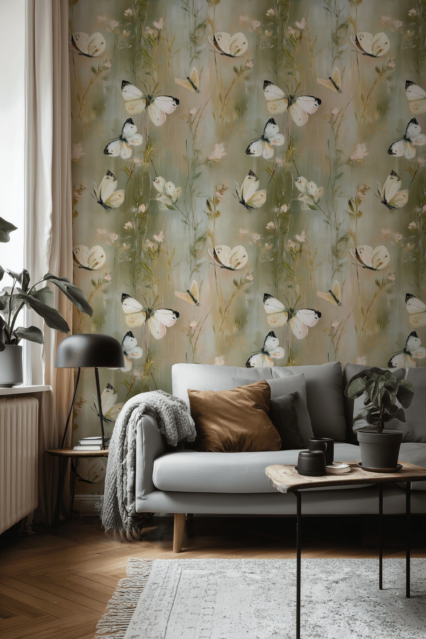 Soft Green Botanical Butterfly Wallpaper
