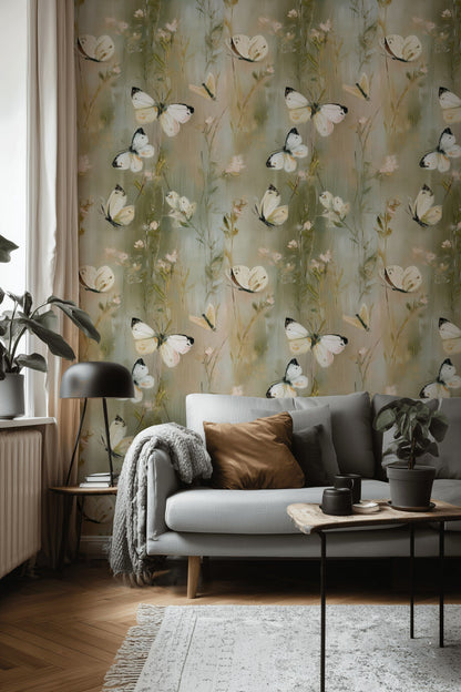 Soft Green Botanical Butterfly Wallpaper