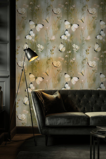 Soft Green Botanical Butterfly Wallpaper