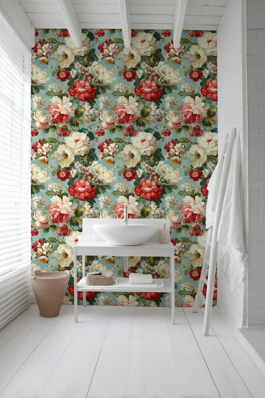 Floral Garden Wallpaper Vintage Blossom Red Peony Wall Decor