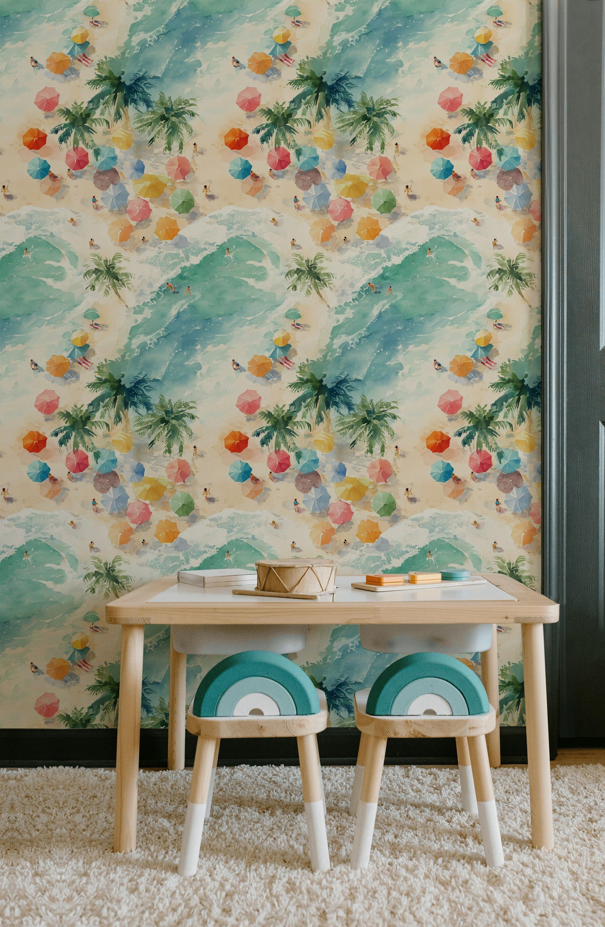 Vibrant Beach Scene Watercolor Wallpaper