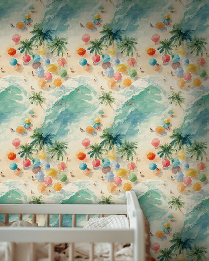 Vibrant Beach Scene Watercolor Wallpaper