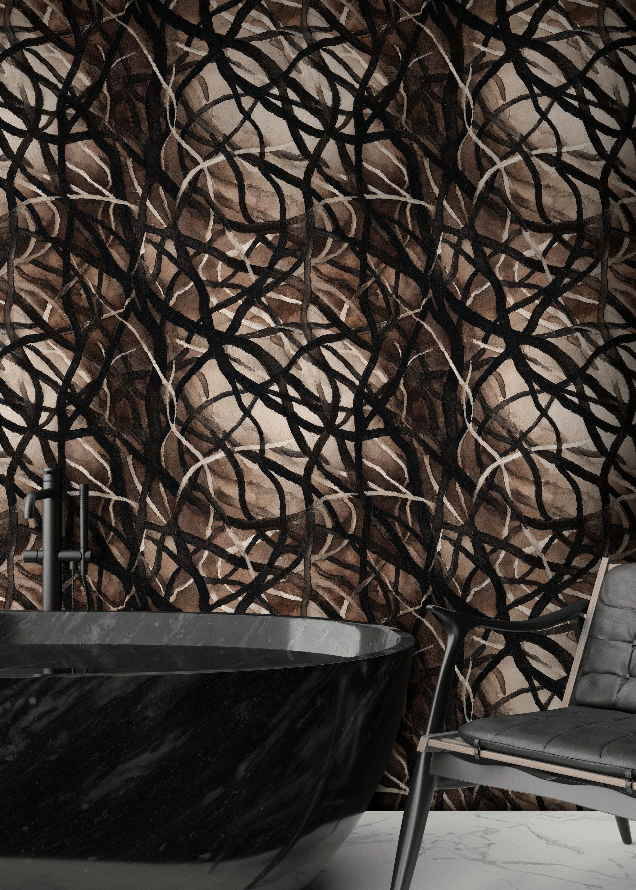 Mocha and Black Abstract Interwoven Pattern Wallpaper