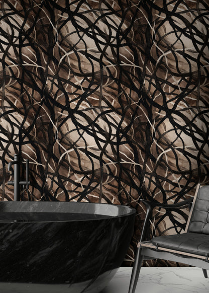 Mocha and Black Abstract Interwoven Pattern Wallpaper