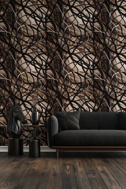 Mocha and Black Abstract Interwoven Pattern Wallpaper