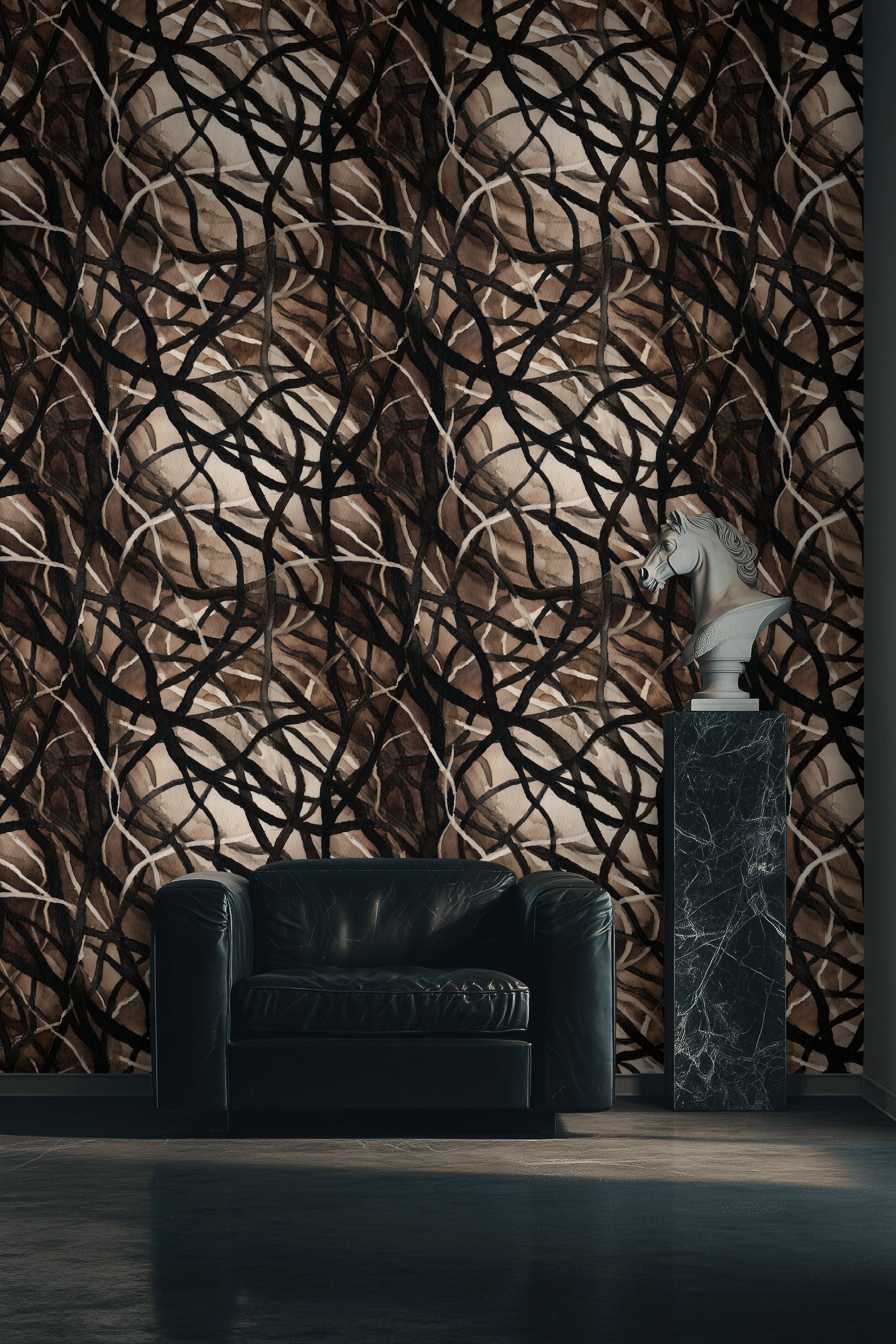 Mocha and Black Abstract Interwoven Pattern Wallpaper