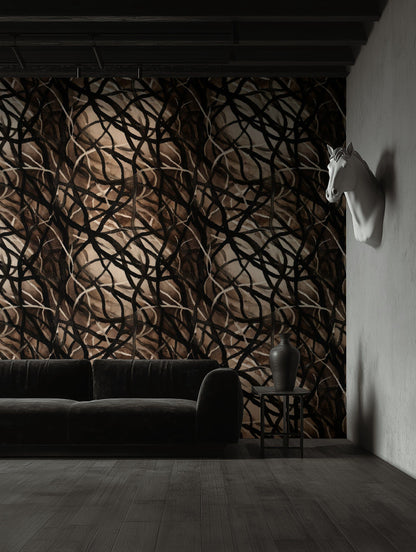 Mocha and Black Abstract Interwoven Pattern Wallpaper
