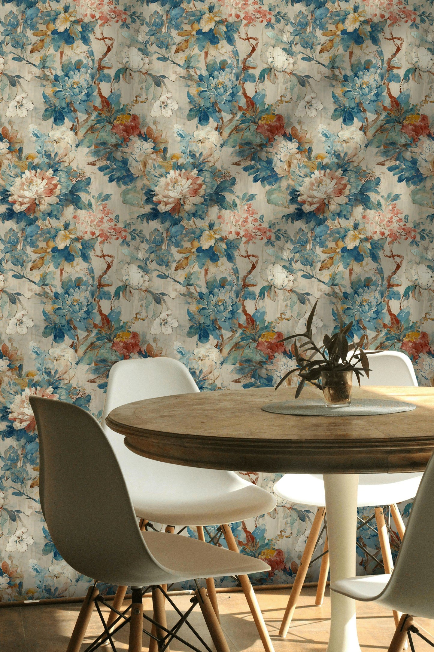 Peony Blue Wallpaper Watercolor Floral Mural Vintage Decor