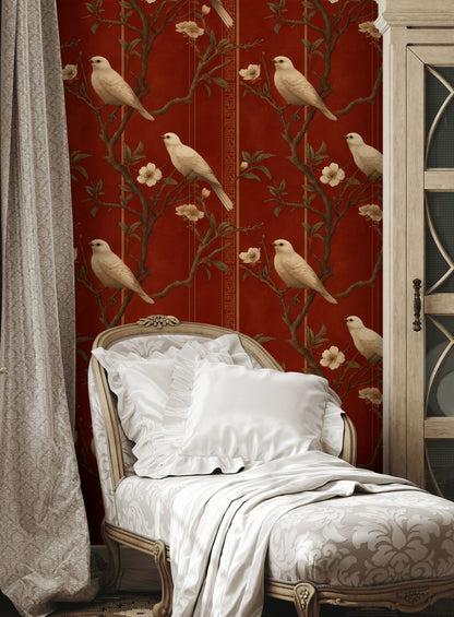 Rich Mahogany Bird and Vintage Floral Wallpaper