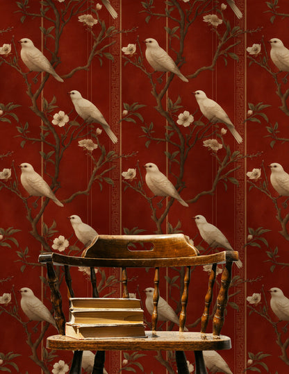 Rich Mahogany Bird and Vintage Floral Wallpaper
