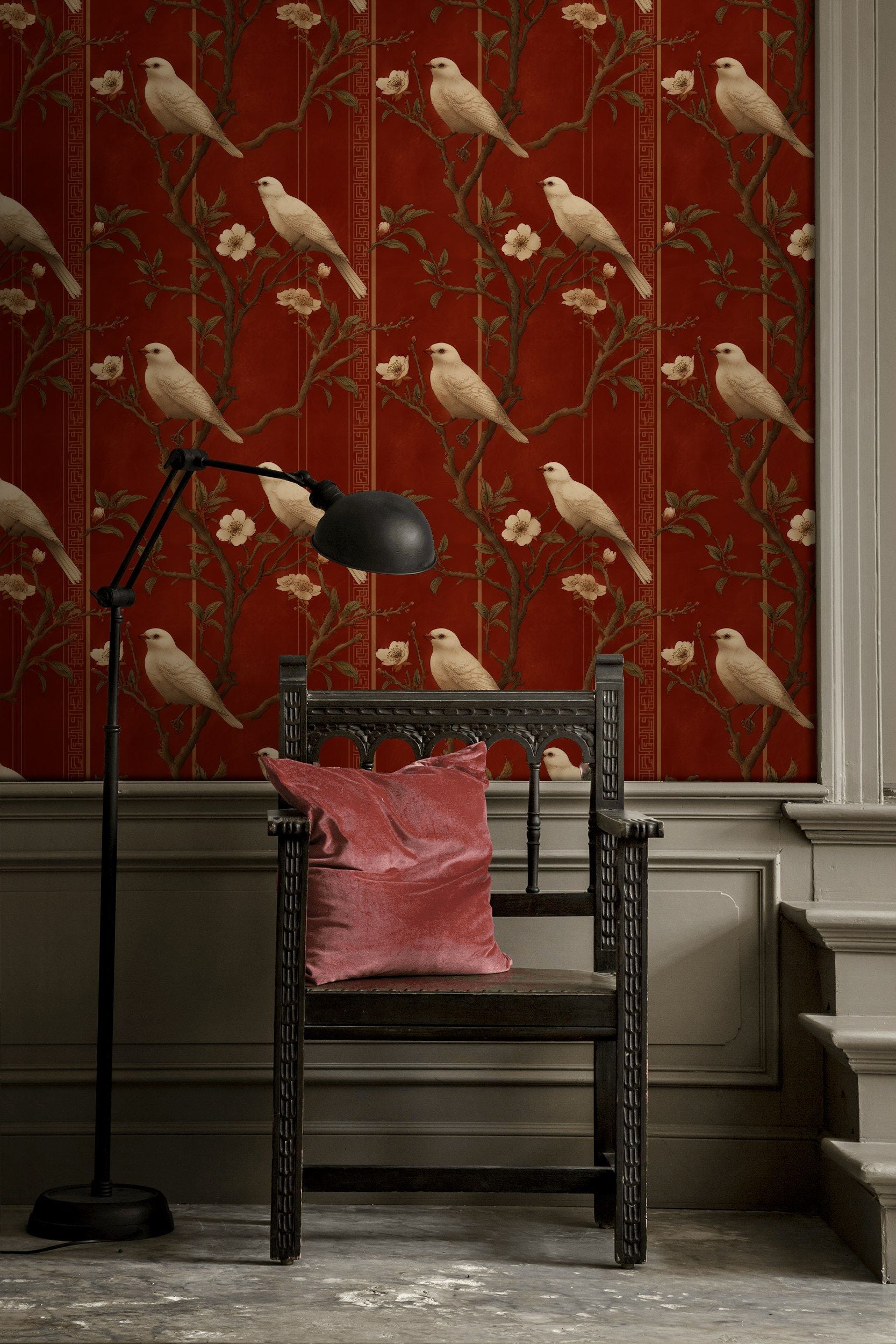 Rich Mahogany Bird and Vintage Floral Wallpaper