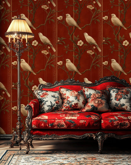 Rich Mahogany Bird and Vintage Floral Wallpaper