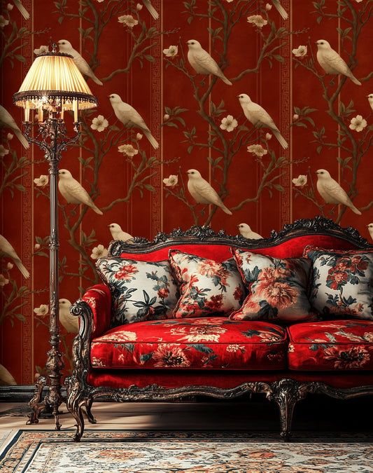 Chinoiserie Bird Wallpaper Red Removable Floral Wall Mural