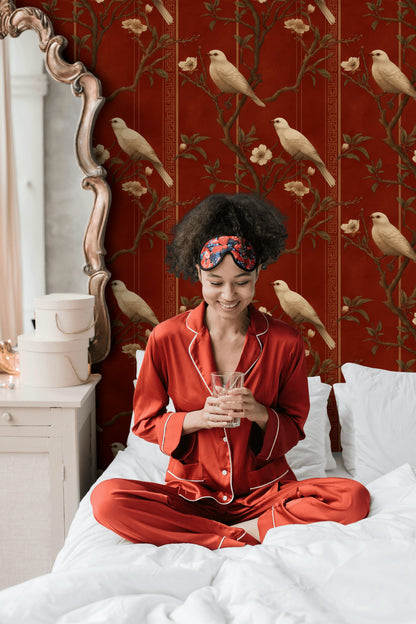 Rich Mahogany Bird and Vintage Floral Wallpaper