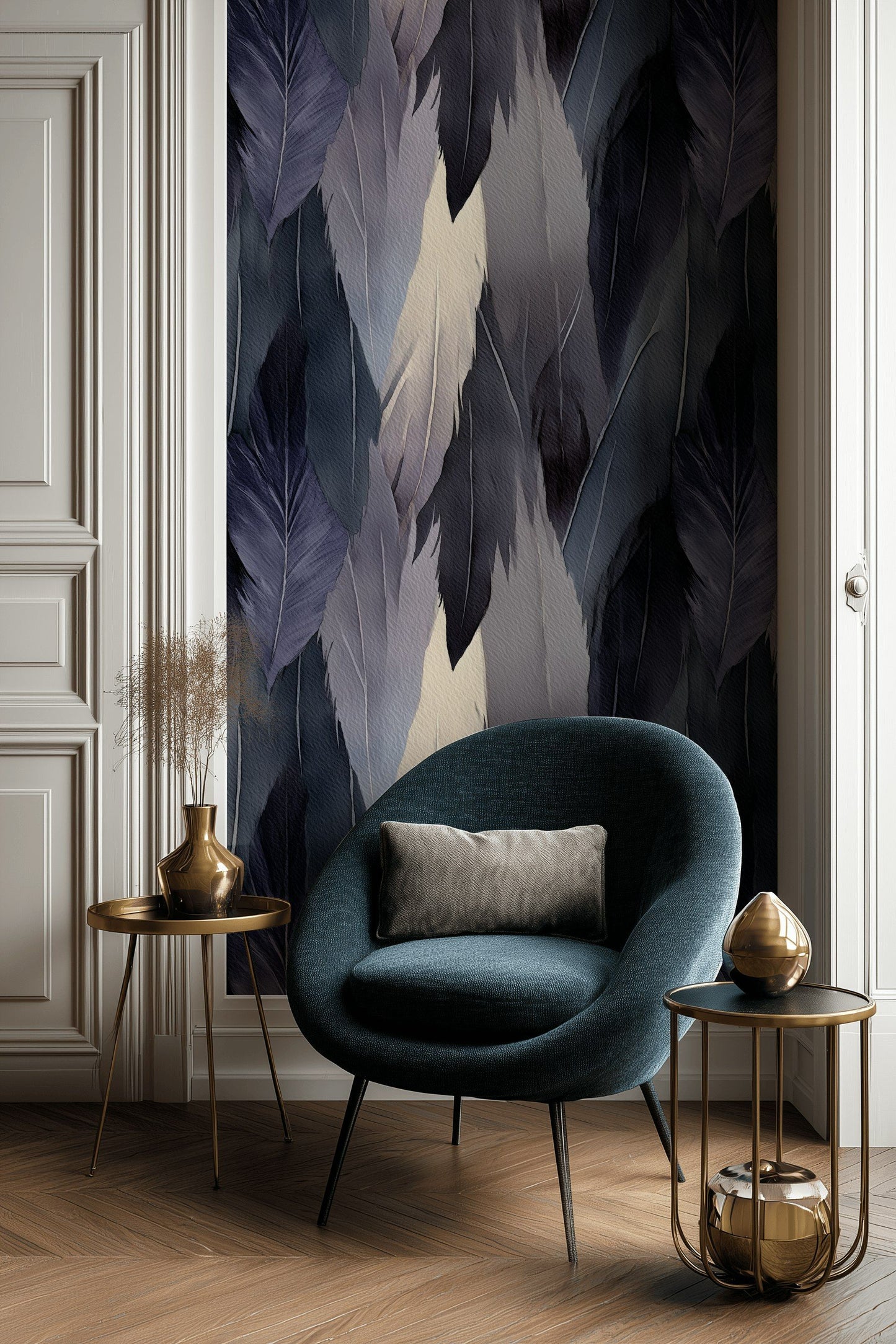 Feather Pattern Wallpaper Indigo Blue Watercolor Wall Mural