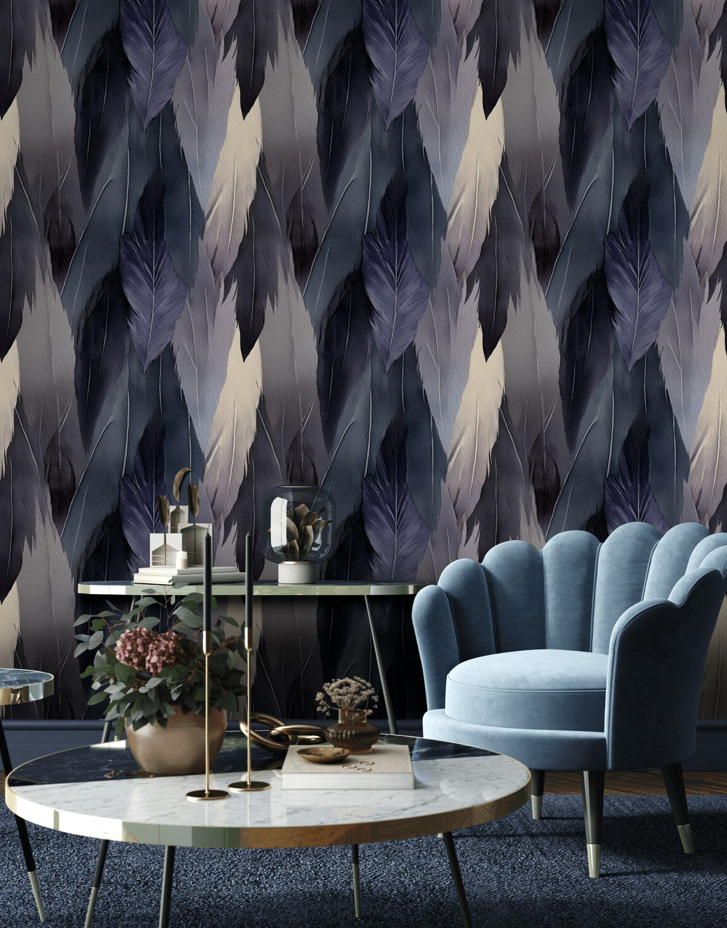 Feather Pattern Wallpaper Indigo Blue Watercolor Wall Mural
