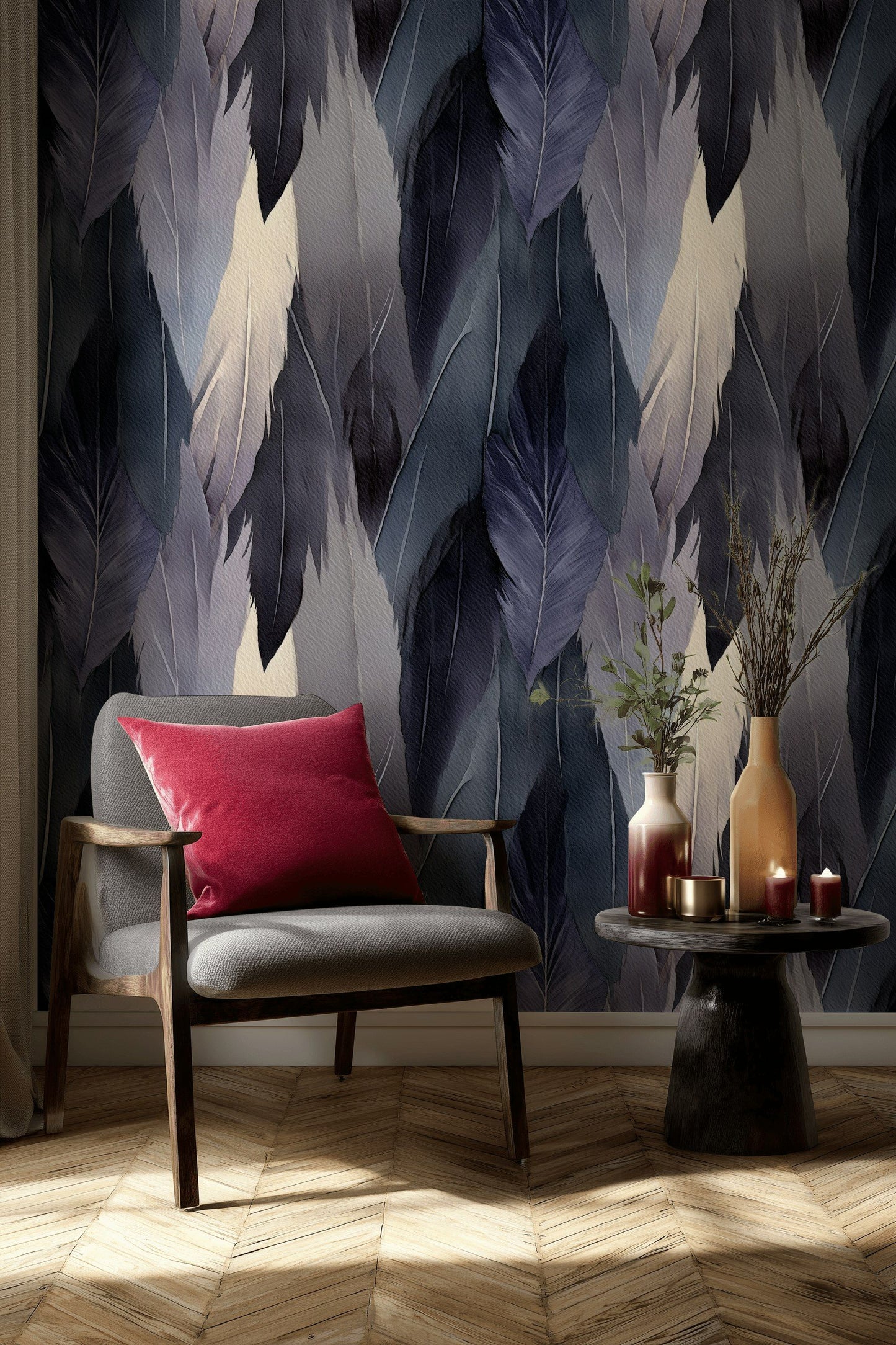 Feather Pattern Wallpaper Indigo Blue Watercolor Wall Mural