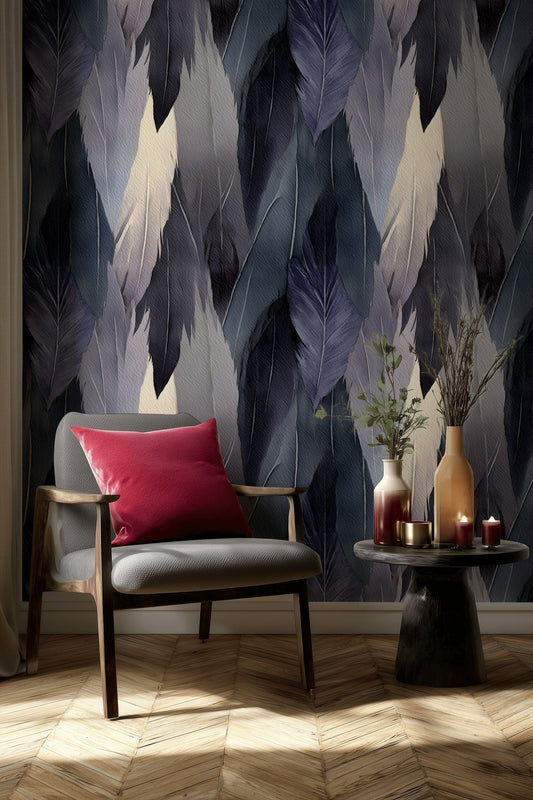 Feather Pattern Wallpaper Indigo Blue Watercolor Wall Mural