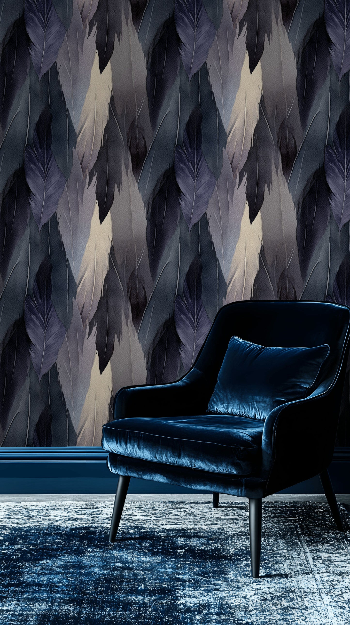Feather Pattern Wallpaper Indigo Blue Watercolor Wall Mural