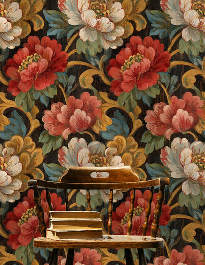 Black and Red Large Floral Wallpaper