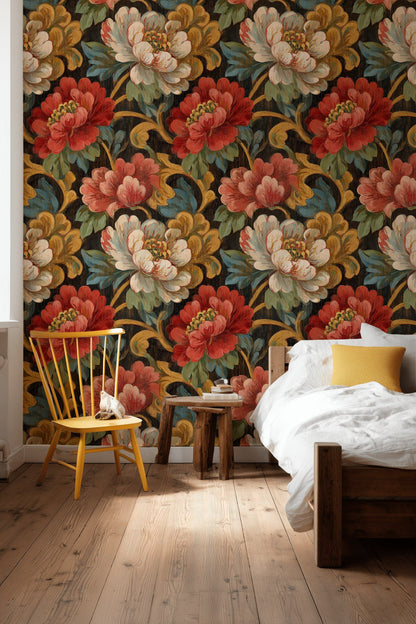 Black and Red Large Floral Wallpaper