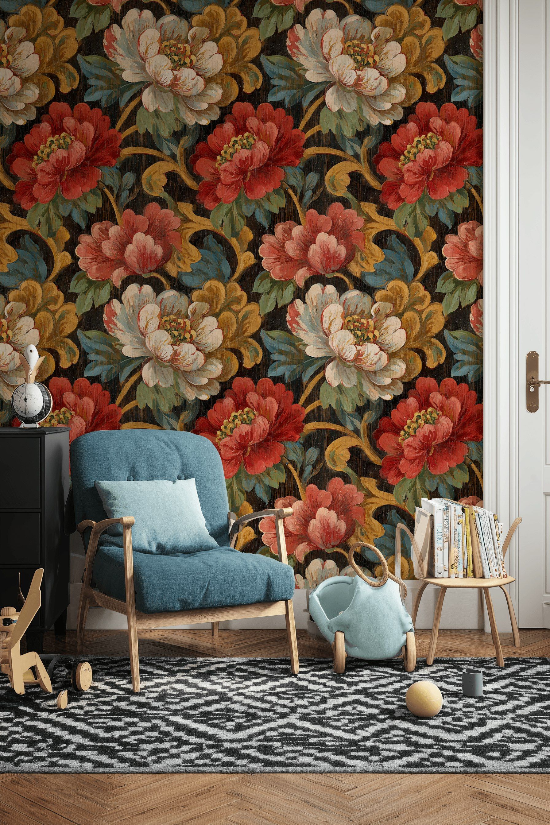 Black and Red Large Floral Wallpaper