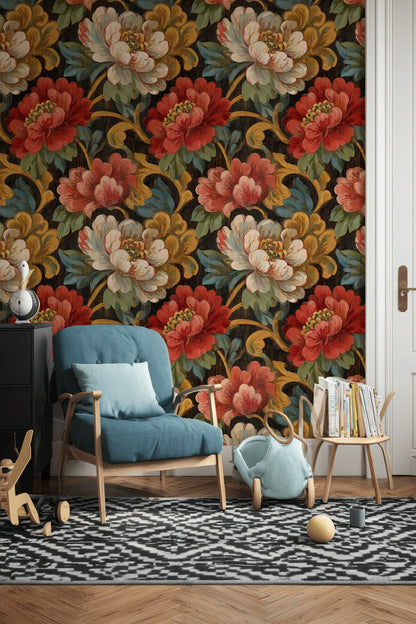 Black and Red Large Floral Wallpaper