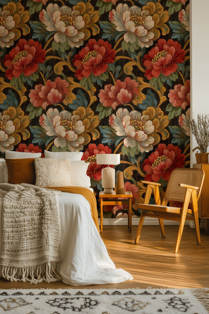 Black and Red Large Floral Wallpaper