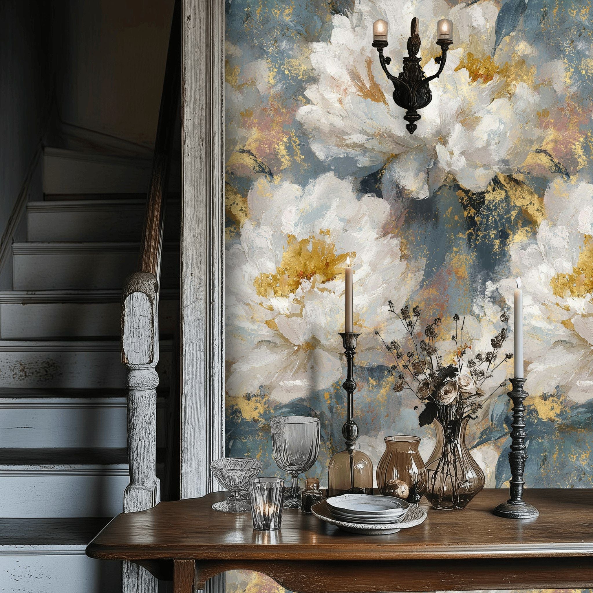 Moody Blue and Cream Peony Floral Wallpaper