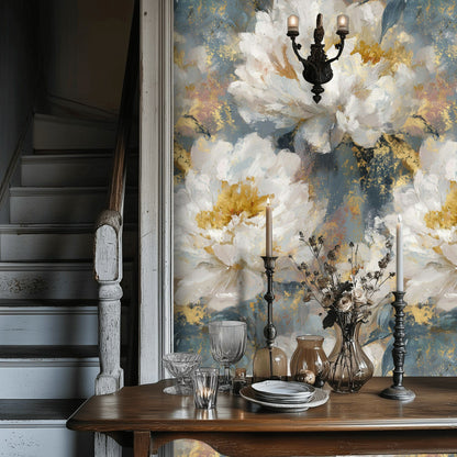 Moody Blue and Cream Peony Floral Wallpaper