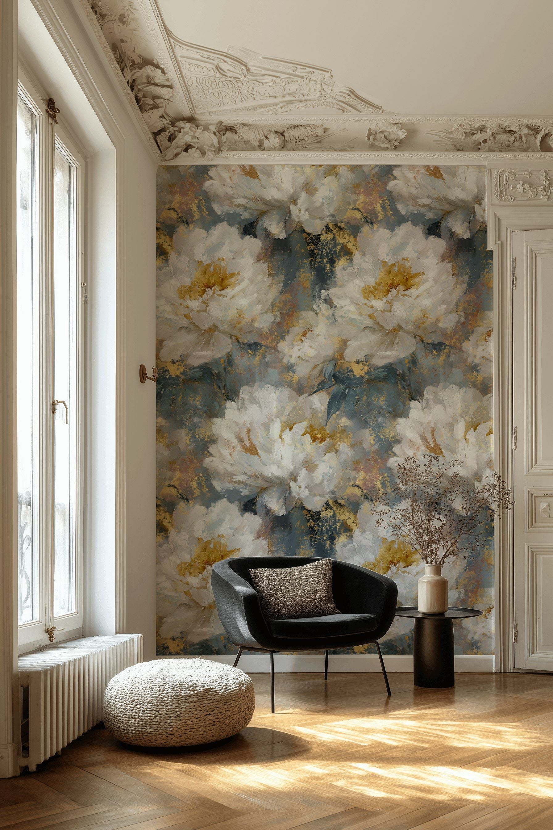Moody Blue and Cream Peony Floral Wallpaper
