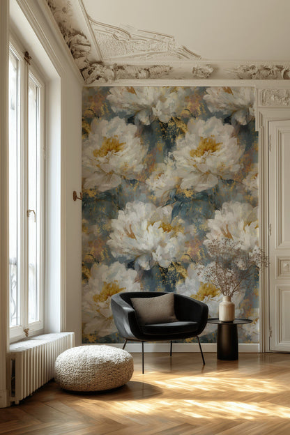 Moody Blue and Cream Peony Floral Wallpaper