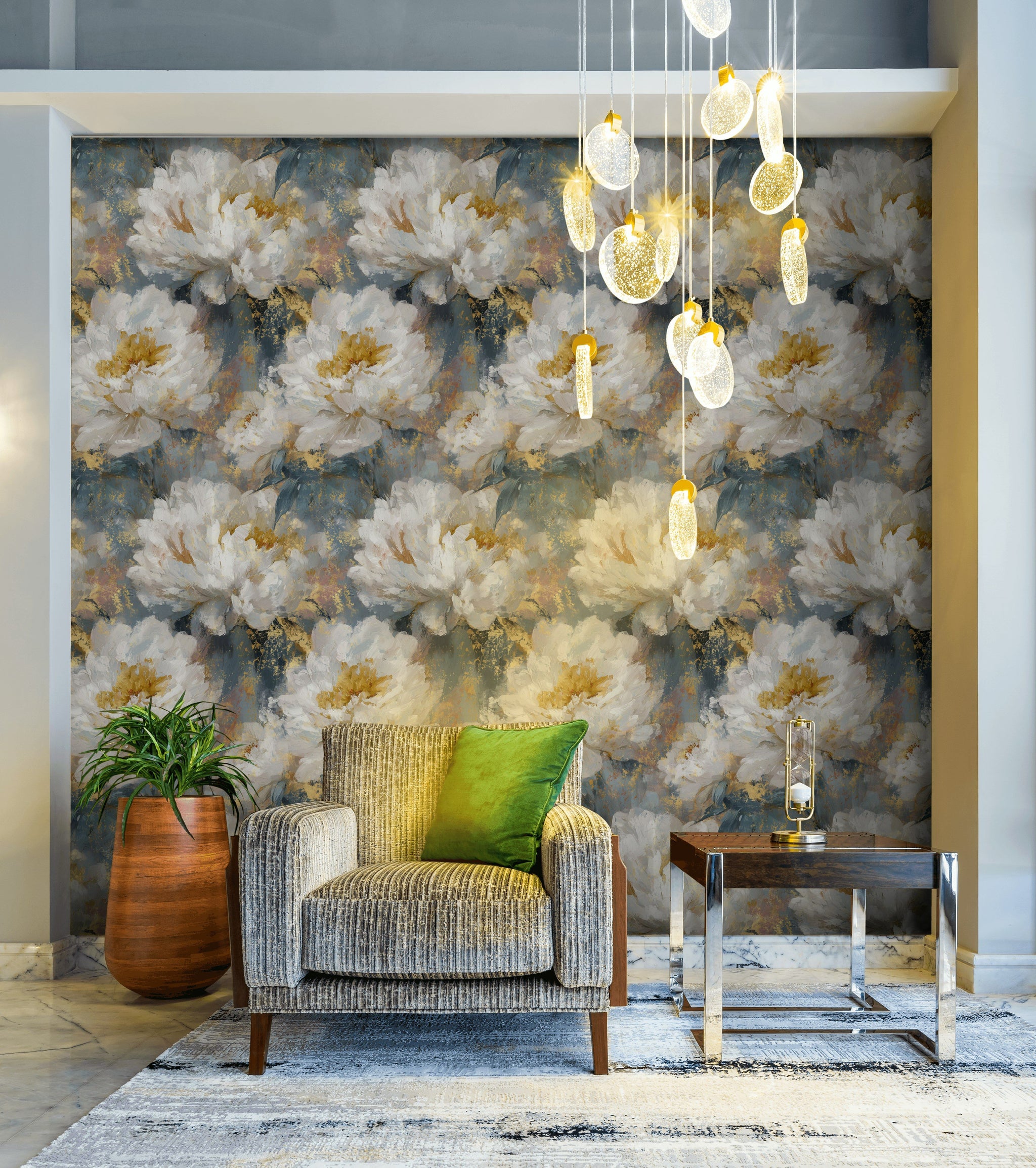 Moody Blue and Cream Peony Floral Wallpaper