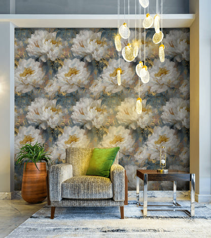 Moody Blue and Cream Peony Floral Wallpaper