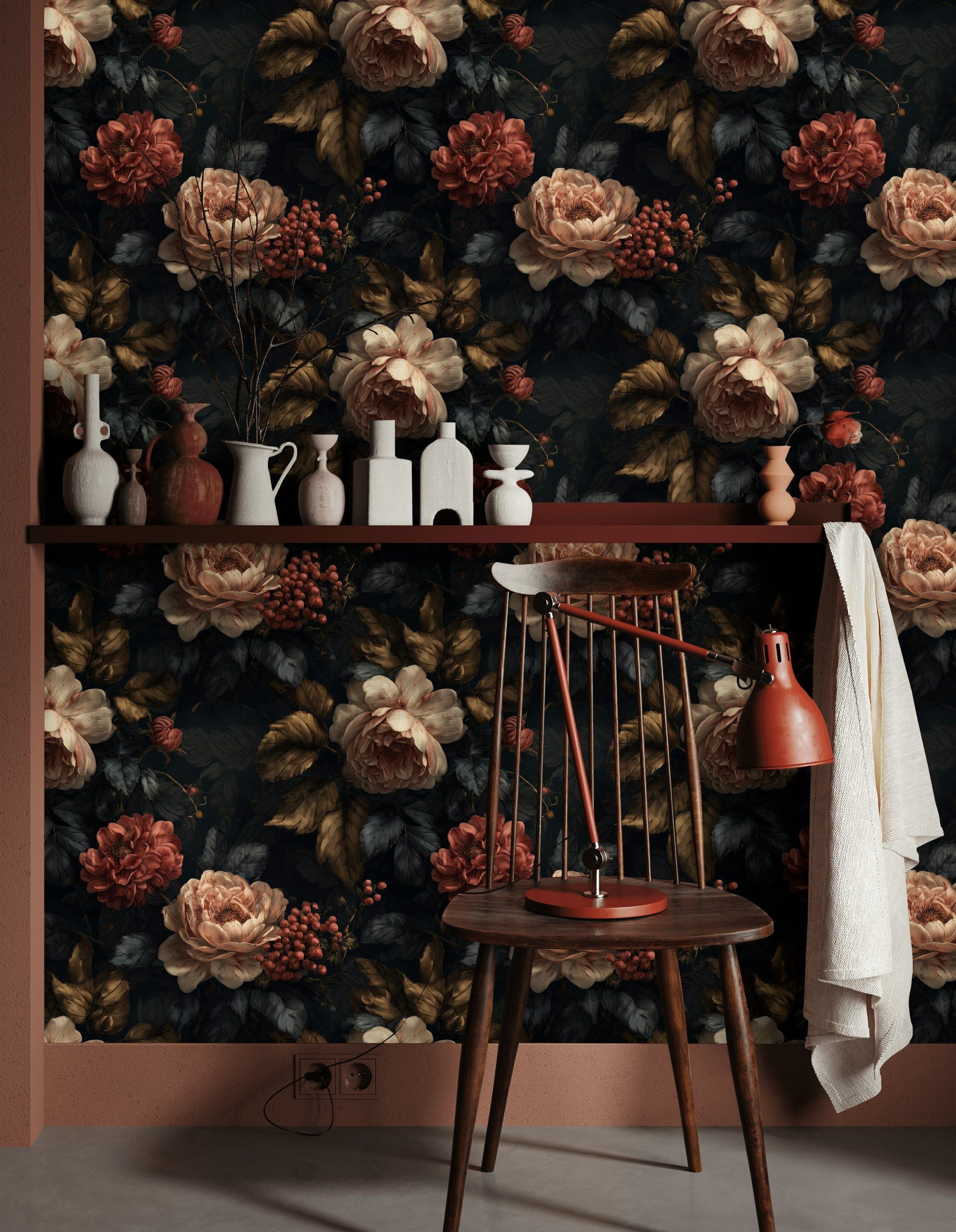 Dark Midnight Burgundy Rose Floral Wallpaper