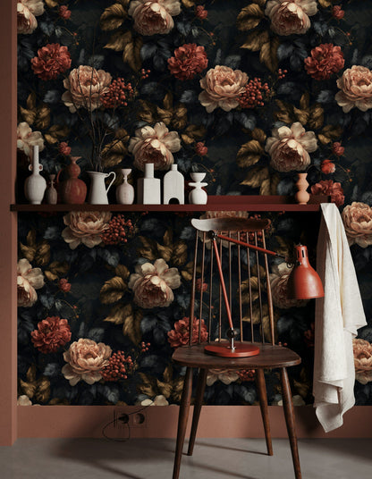 Dark Midnight Burgundy Rose Floral Wallpaper