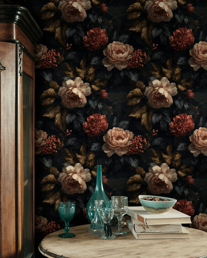 Dark Midnight Burgundy Rose Floral Wallpaper