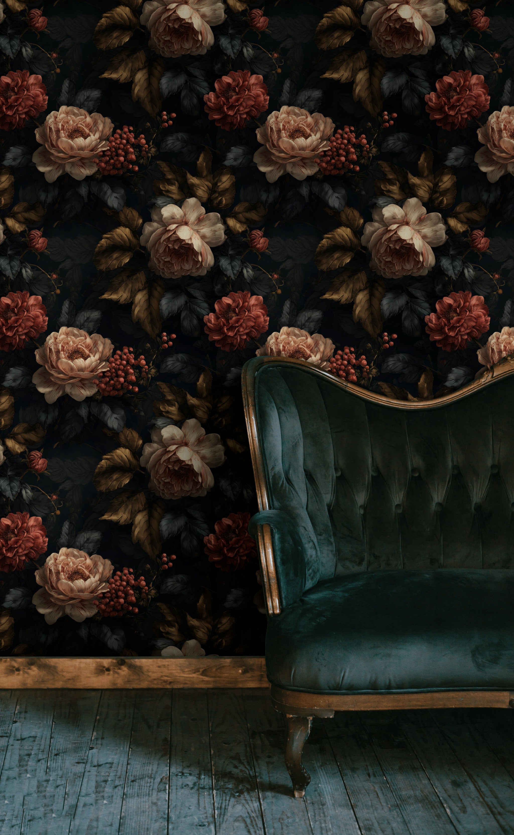 Dark Midnight Burgundy Rose Floral Wallpaper