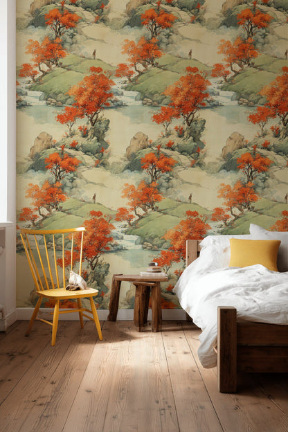 Beige and Orange Japanese Landscape Wallpaper