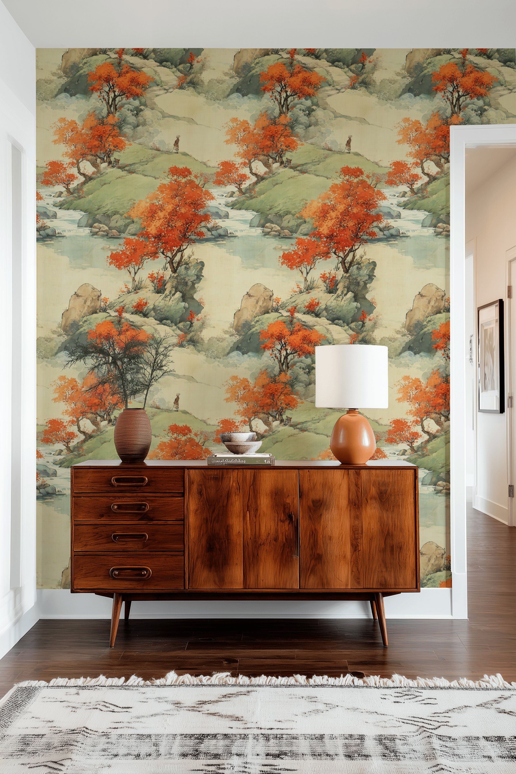 Beige and Orange Japanese Landscape Wallpaper