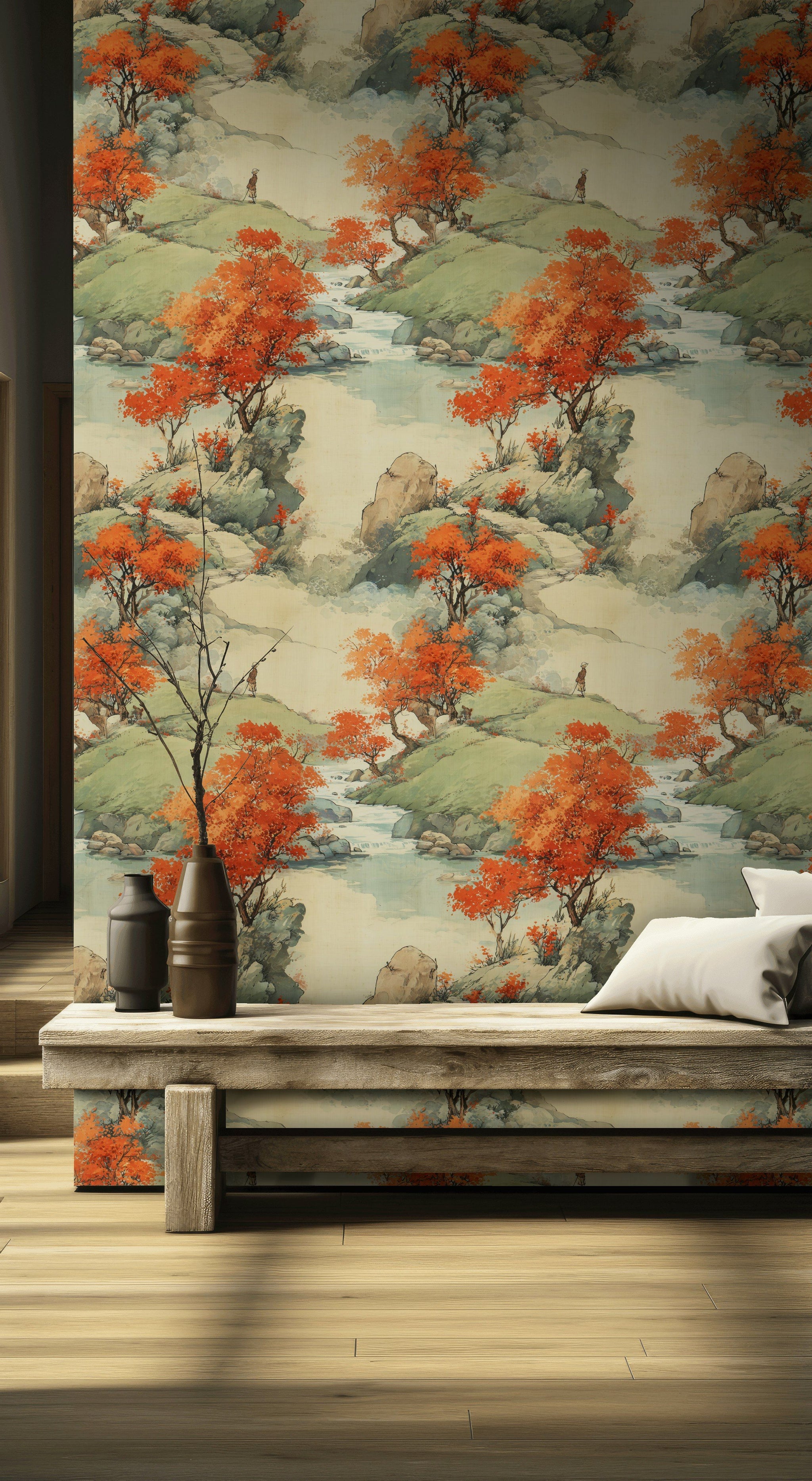 Beige and Orange Japanese Landscape Wallpaper