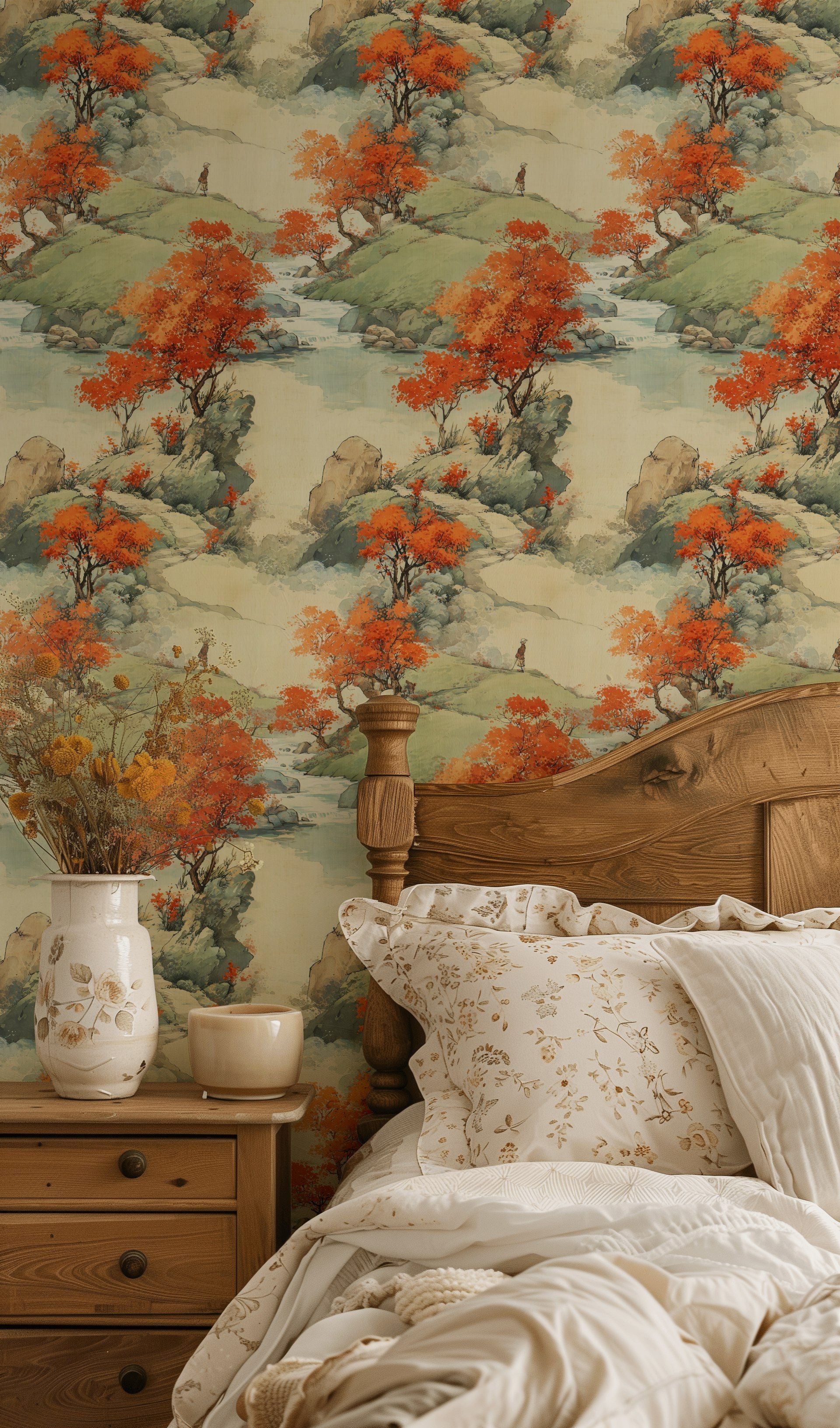 Beige and Orange Japanese Landscape Wallpaper